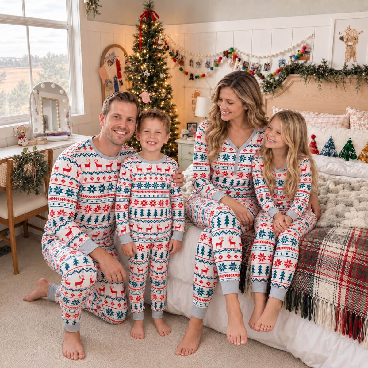 Family wearing matching Fair Isle Christmas pajamas with reindeer and snowflake print - view 20