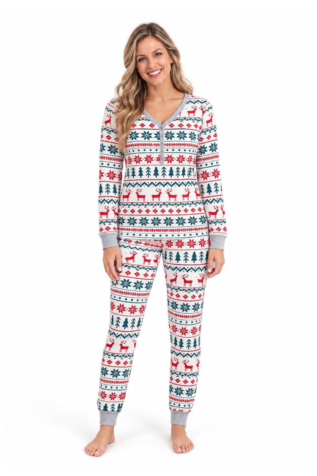Family wearing matching Fair Isle Christmas pajamas with reindeer and snowflake print - view 8