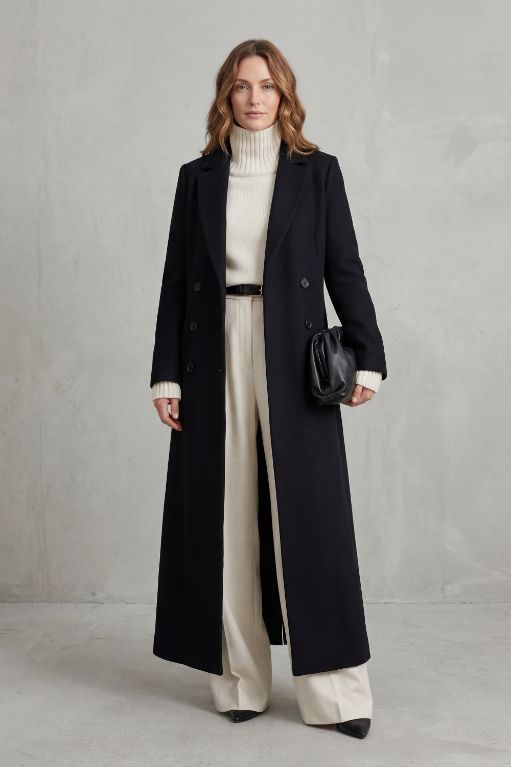 Woman wearing a long black double-breasted coat with notched lapels - view 2
