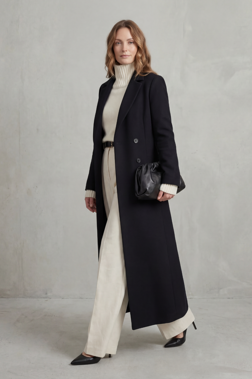 Woman wearing a long black double-breasted coat with notched lapels - view 3