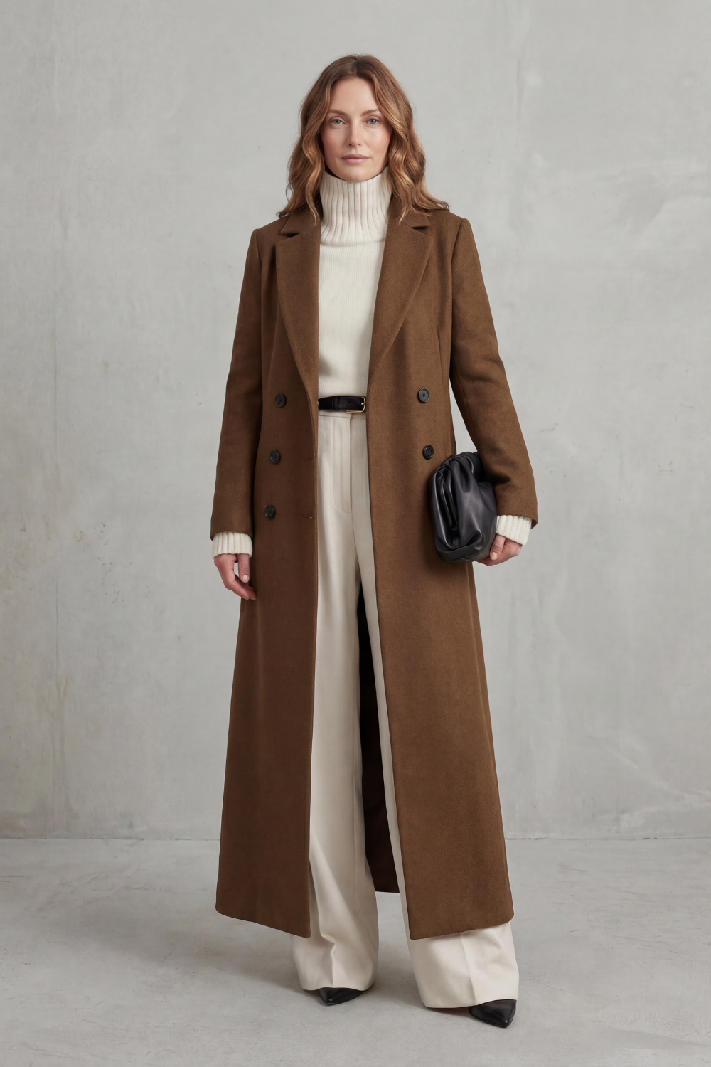 Woman wearing a long black double-breasted coat with notched lapels - view 6