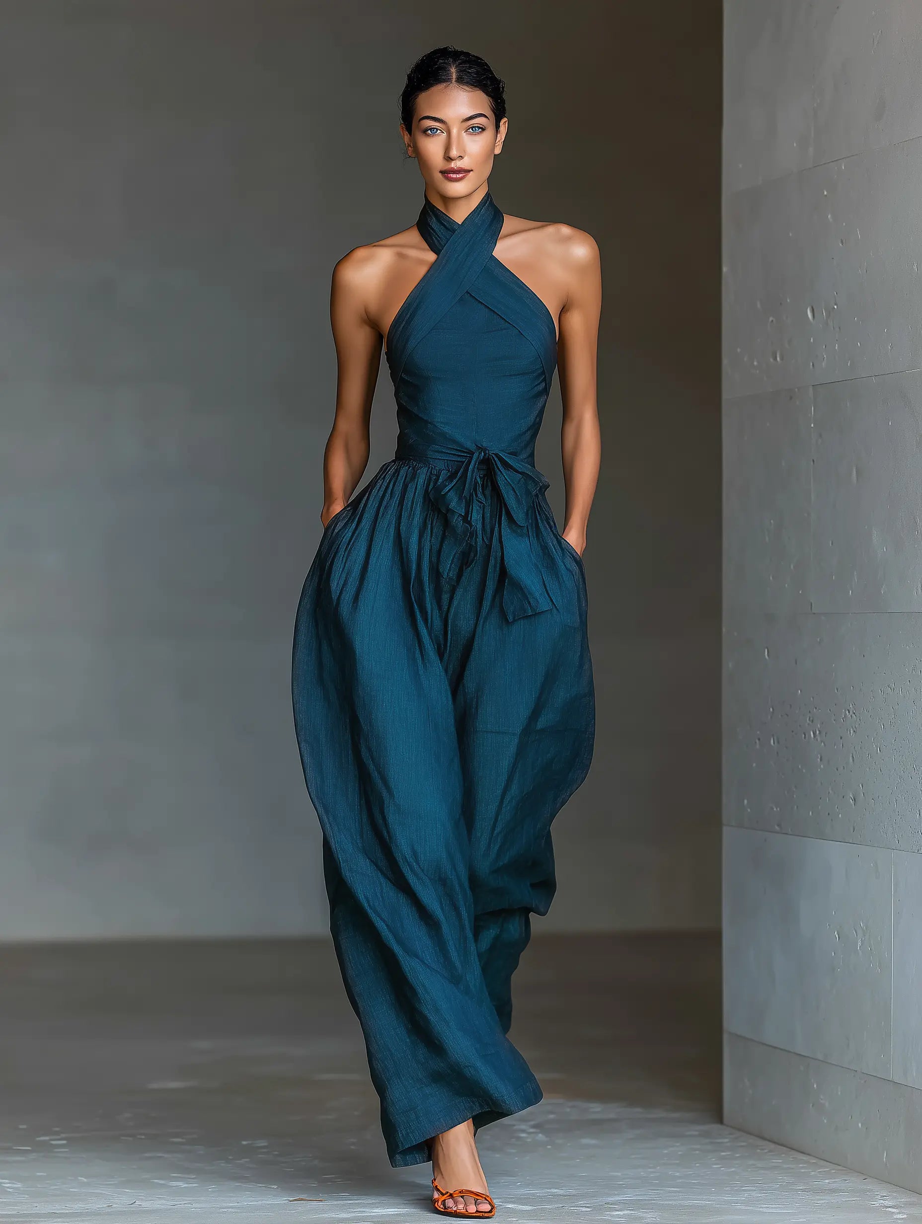 Marina | Women's Navy Blue Linen Fabric Cross Halter Wide-Leg Jumpsuit With Tie Waist & Side Pockets oaklynwear