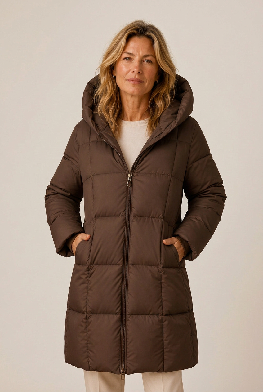 Woman in a hooded quilted long puffer jacket, front and back views