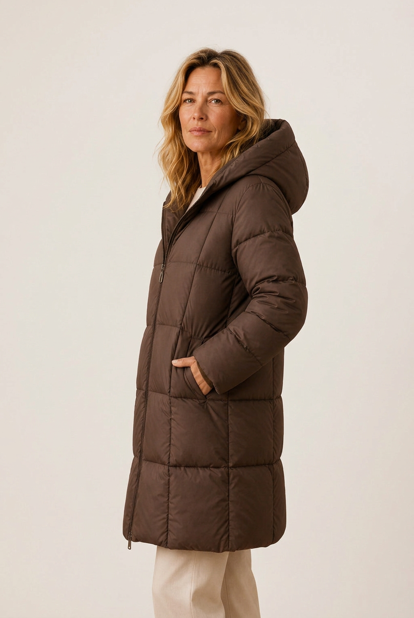 Woman in a hooded quilted long puffer jacket, front and back views - view 2