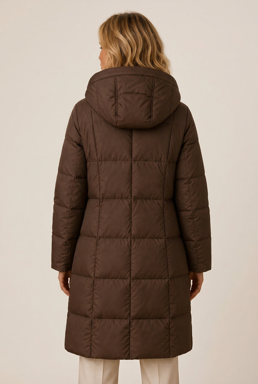 Woman in a hooded quilted long puffer jacket, front and back views - view 3