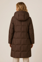 Woman in a hooded quilted long puffer jacket, front and back views - view 3