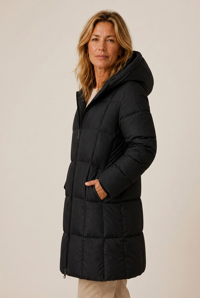 Woman in a hooded quilted long puffer jacket, front and back views - view 5