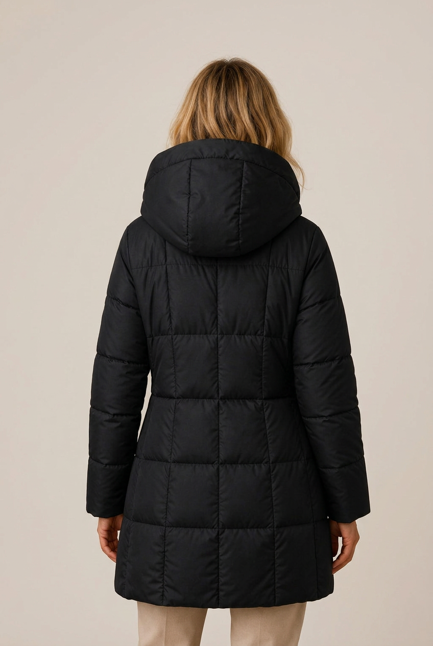 Woman in a hooded quilted long puffer jacket, front and back views - view 6