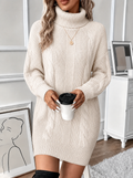 Cable knit turtleneck sweater dress with ribbed center panel, above-the-knee length - view 2