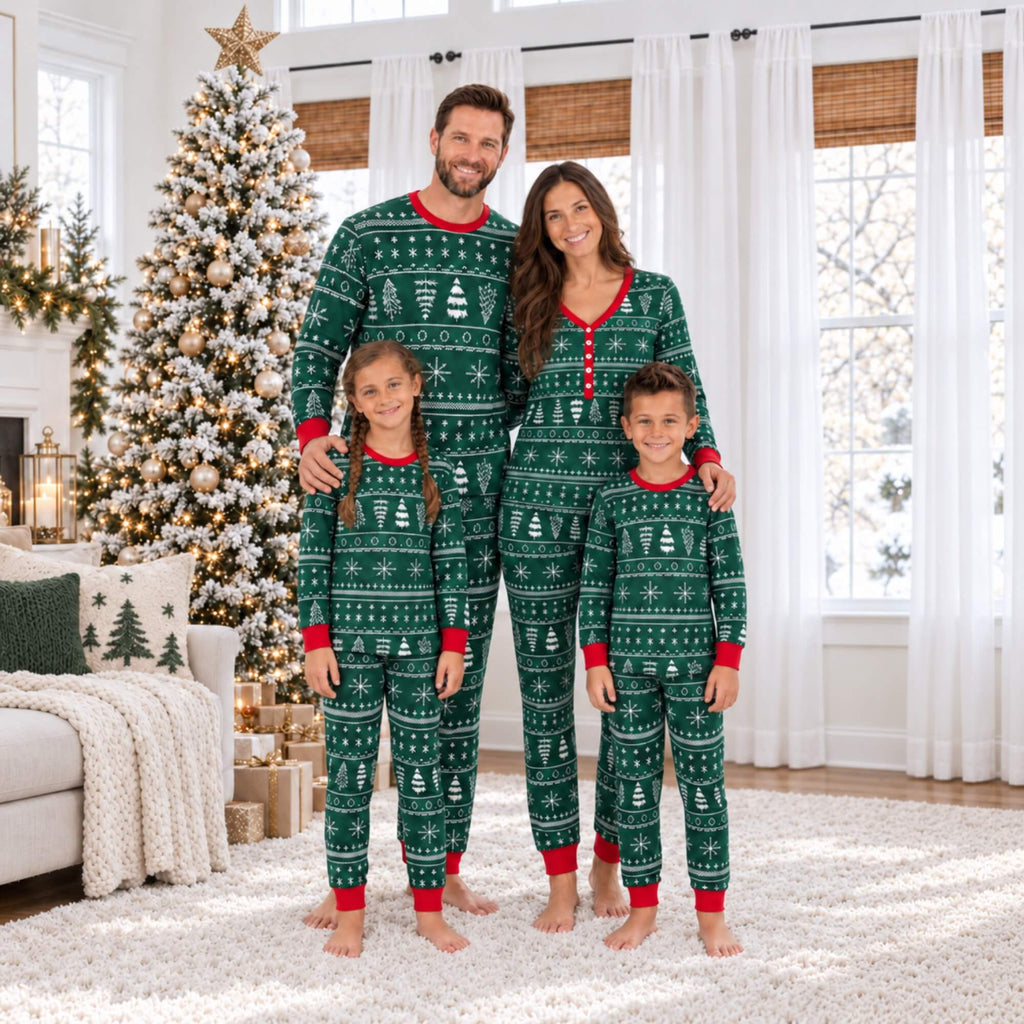Family wearing matching green Christmas tree print pajamas with red cuffs
