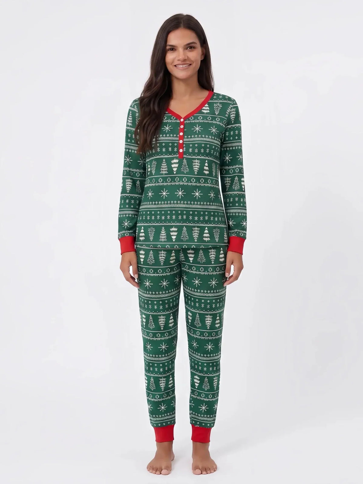 Family wearing matching green Christmas tree print pajamas with red cuffs - view 10