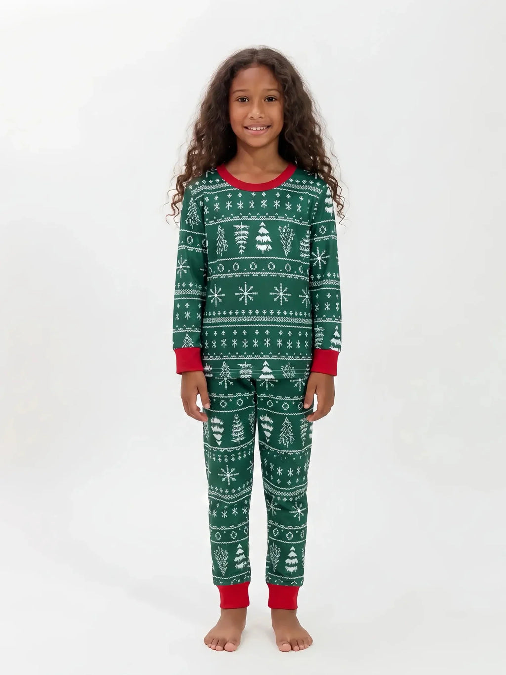 Family wearing matching green Christmas tree print pajamas with red cuffs - view 11
