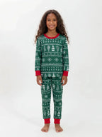 Family wearing matching green Christmas tree print pajamas with red cuffs - view 11