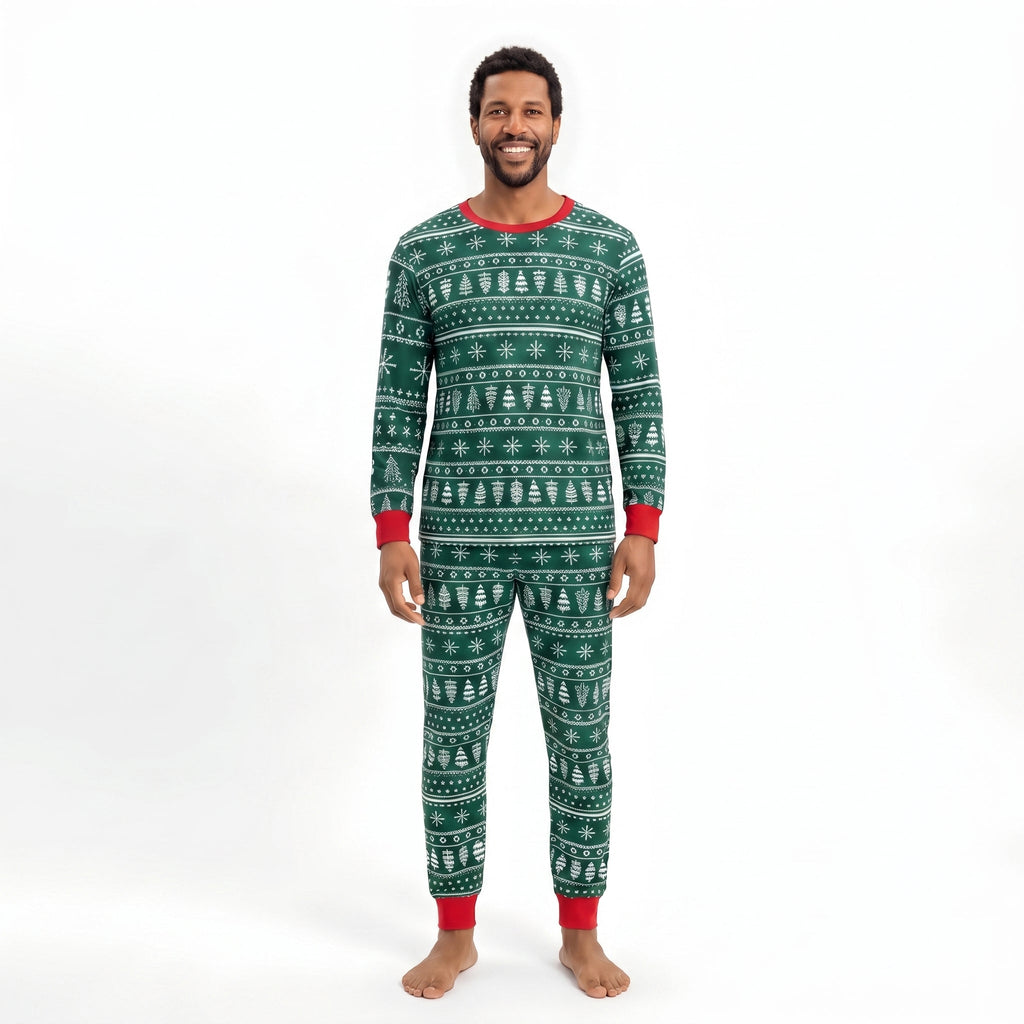 Family wearing matching green Christmas tree print pajamas with red cuffs - view 12