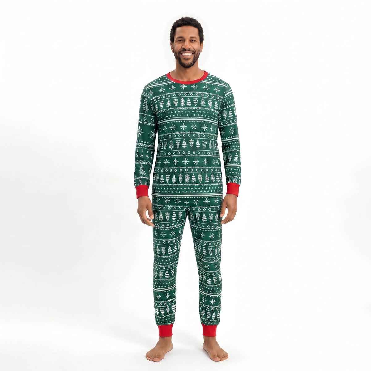 Family wearing matching green Christmas tree print pajamas with red cuffs - view 12
