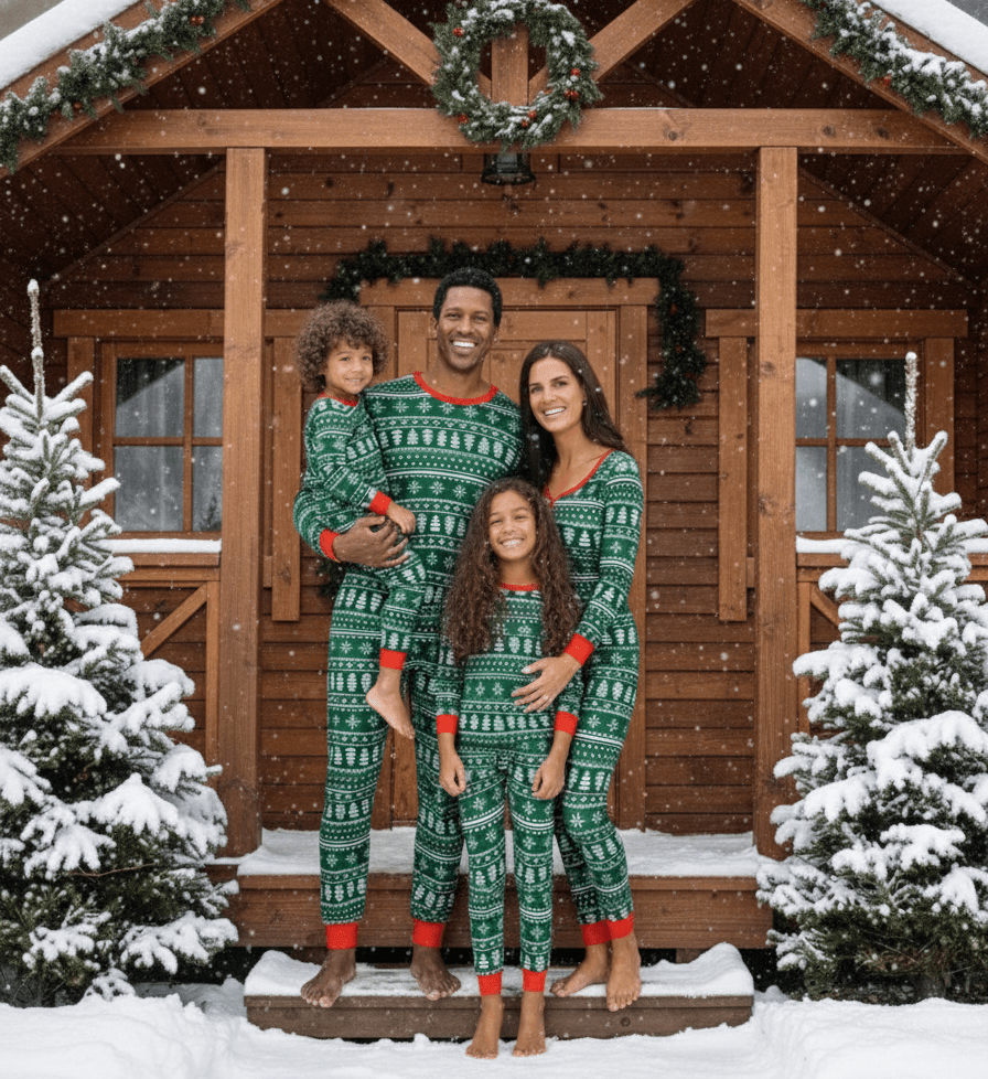 Family wearing matching green Christmas tree print pajamas with red cuffs - view 14