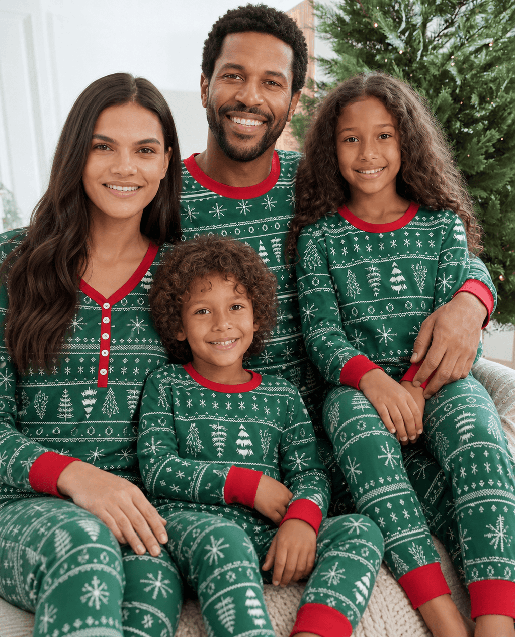 Family wearing matching green Christmas tree print pajamas with red cuffs - view 2