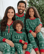 Family wearing matching green Christmas tree print pajamas with red cuffs - view 2