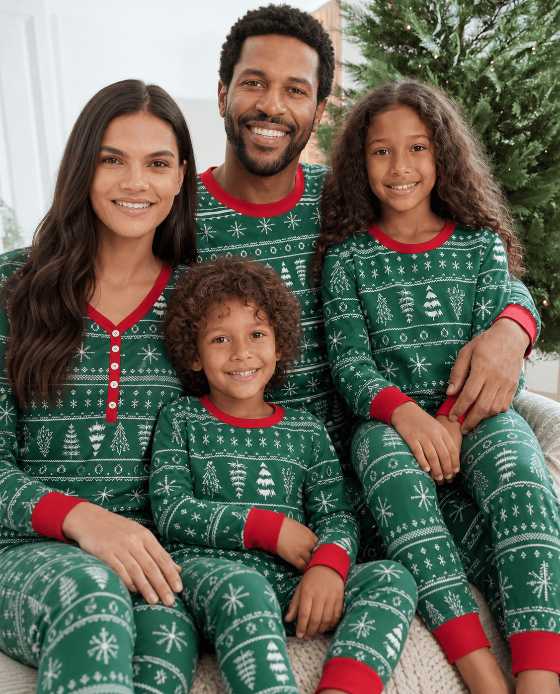 Family wearing matching green Christmas tree print pajamas with red cuffs - view 2