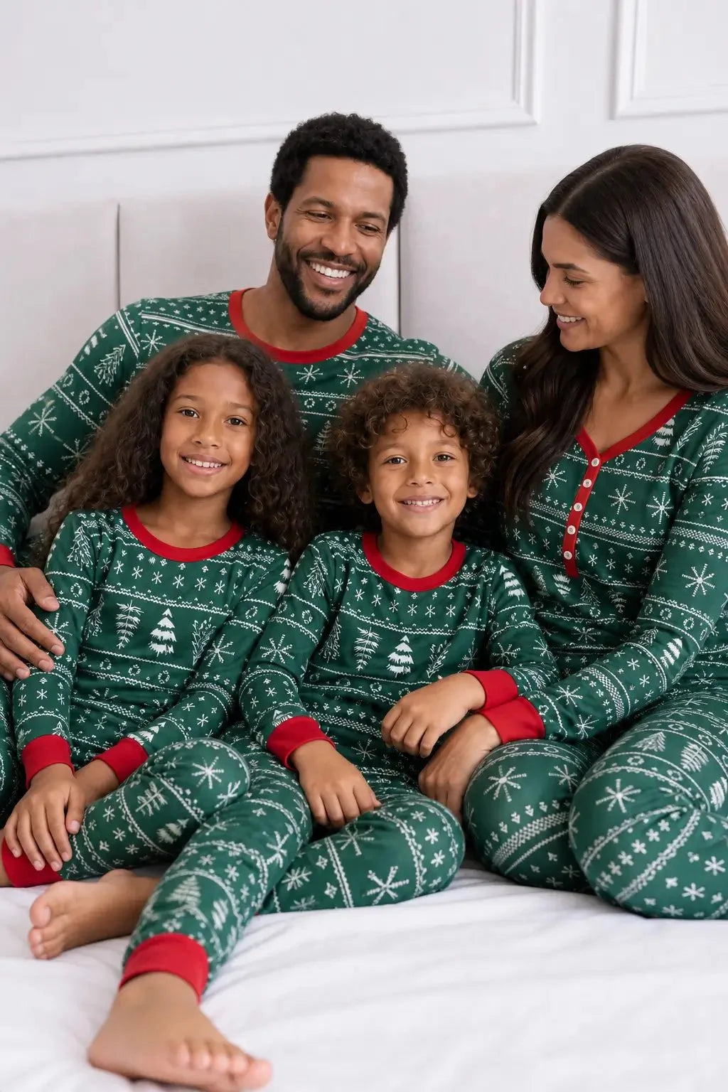 Family wearing matching green Christmas tree print pajamas with red cuffs - view 3