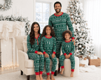Family wearing matching green Christmas tree print pajamas with red cuffs - view 6