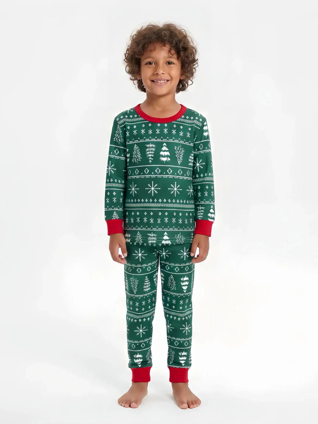 Family wearing matching green Christmas tree print pajamas with red cuffs - view 9