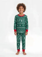 Family wearing matching green Christmas tree print pajamas with red cuffs - view 9