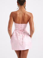 Strapless floral jacquard mini cocktail dress with oversized back bow and A-line skirt - view 11