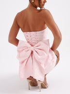 Strapless floral jacquard mini cocktail dress with oversized back bow and A-line skirt - view 12