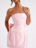 Strapless floral jacquard mini cocktail dress with oversized back bow and A-line skirt - view 13