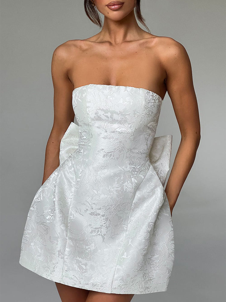 Strapless floral jacquard mini cocktail dress with oversized back bow and A-line skirt - view 14