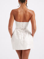 Strapless floral jacquard mini cocktail dress with oversized back bow and A-line skirt - view 15