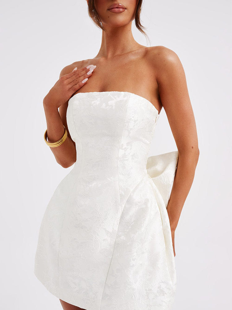 Strapless floral jacquard mini cocktail dress with oversized back bow and A-line skirt - view 16