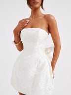 Strapless floral jacquard mini cocktail dress with oversized back bow and A-line skirt - view 16