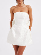 Strapless floral jacquard mini cocktail dress with oversized back bow and A-line skirt - view 18