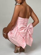Strapless floral jacquard mini cocktail dress with oversized back bow and A-line skirt - view 5