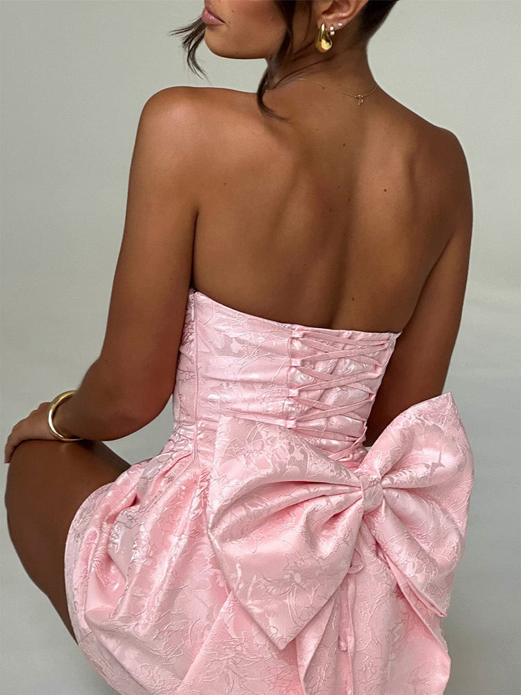 Strapless floral jacquard mini cocktail dress with oversized back bow and A-line skirt - view 6