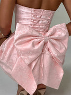 Strapless floral jacquard mini cocktail dress with oversized back bow and A-line skirt - view 7