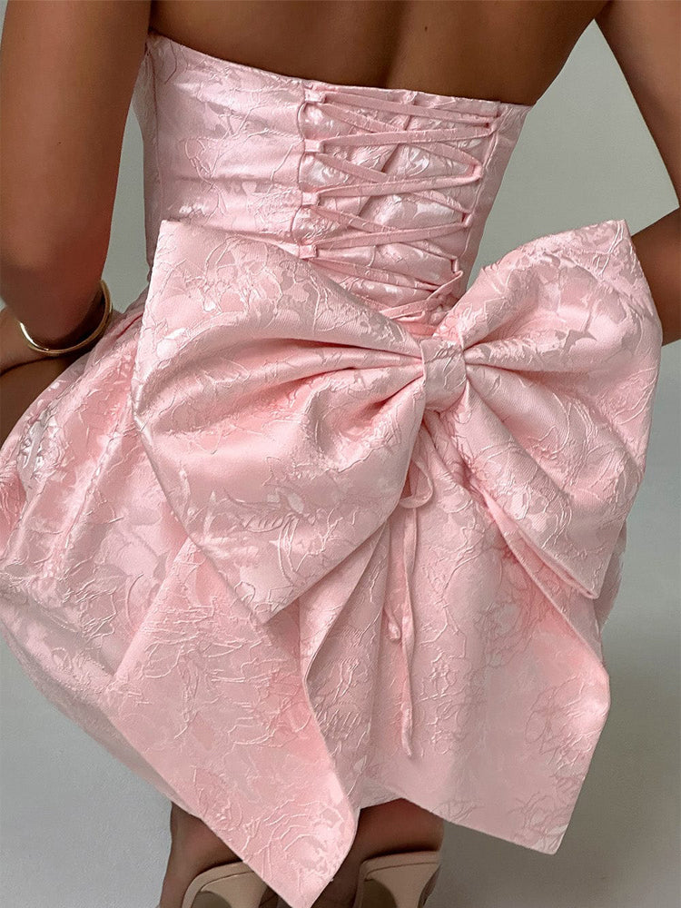 Strapless floral jacquard mini cocktail dress with oversized back bow and A-line skirt - view 7