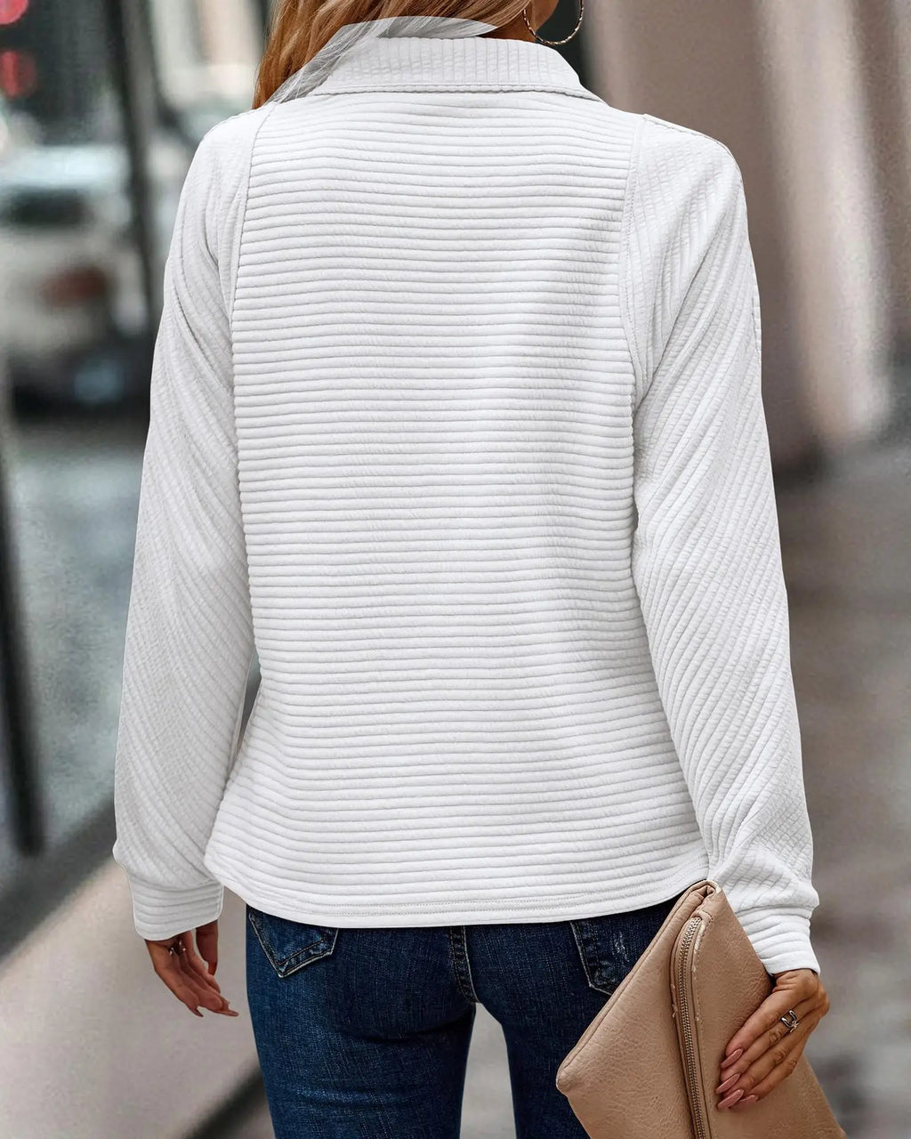 Women's ribbed quarter zip sweater with fold-over collar and long sleeves - view 11