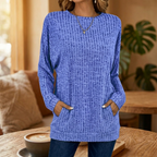Women's oversized blue ribbed knit sweater with crew neck and curved tunic hem - view 2