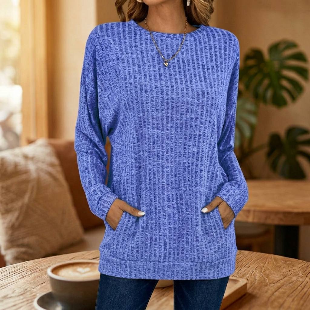 Women's oversized blue ribbed knit sweater with crew neck and curved tunic hem - view 2