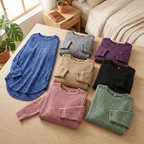 Women's oversized blue ribbed knit sweater with crew neck and curved tunic hem - view 6