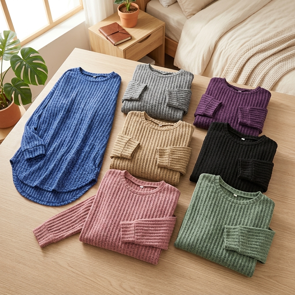 Women's oversized blue ribbed knit sweater with crew neck and curved tunic hem - view 6