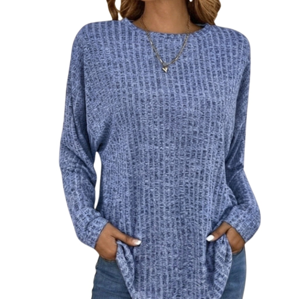 Women's oversized blue ribbed knit sweater with crew neck and curved tunic hem - view 7