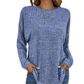 Women's oversized blue ribbed knit sweater with crew neck and curved tunic hem - view 7