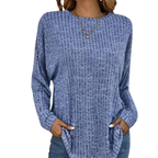 Women's oversized blue ribbed knit sweater with crew neck and curved tunic hem - view 7