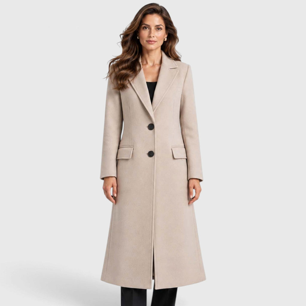 Tailored long coat with notch lapels, two-button front and flap pockets - view 11