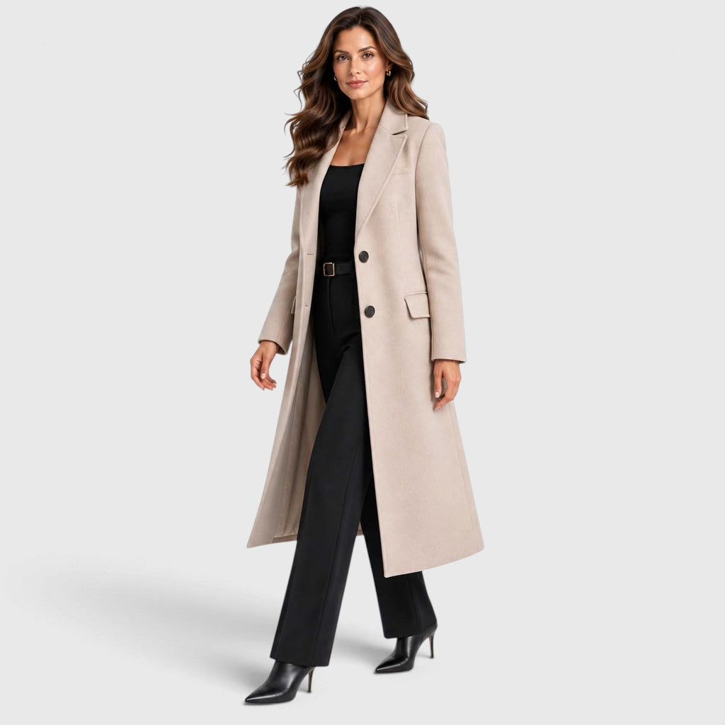 Tailored long coat with notch lapels, two-button front and flap pockets - view 14