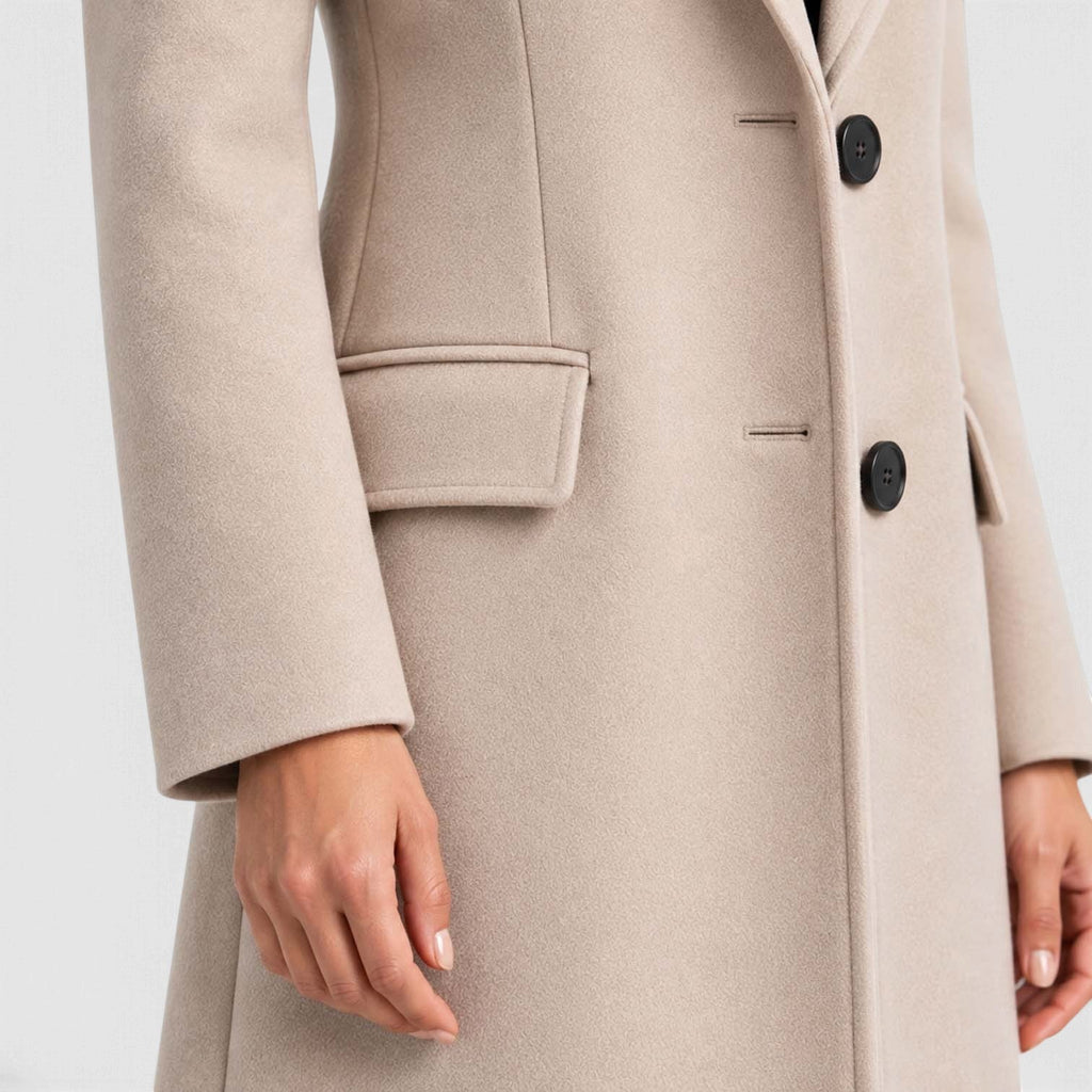 Tailored long coat with notch lapels, two-button front and flap pockets - view 15